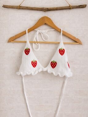 White Strawberry Crochry Embroidered Bikini Top ONLY Bralette Size S
